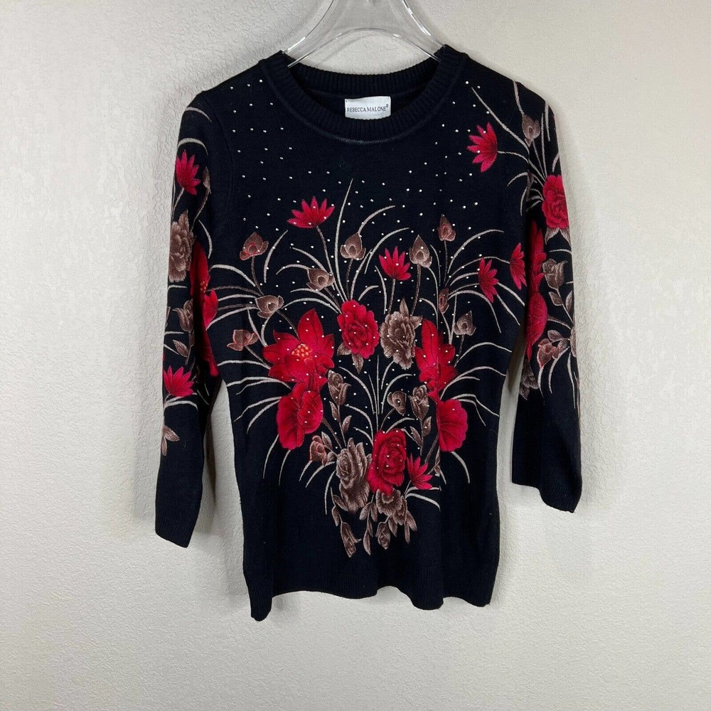 Rebecca Malone Womens Sweater Size Small Black Red Floral 3/4 Sleeve Embellished
